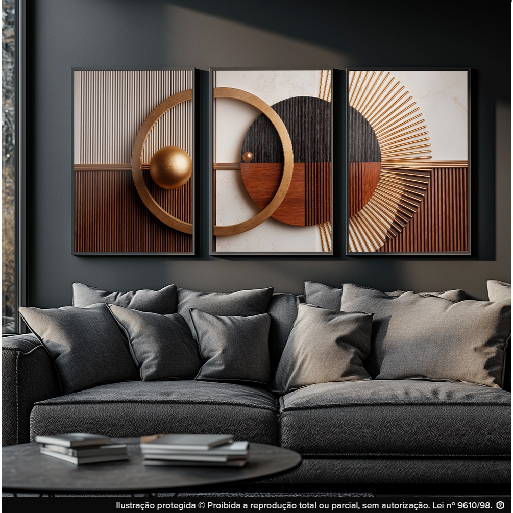 Quadros Decorativos 3 Peças Abstrato Moderno Circular Marrom e Dourado Pintura Casa Sala Quarto Decoração Hall