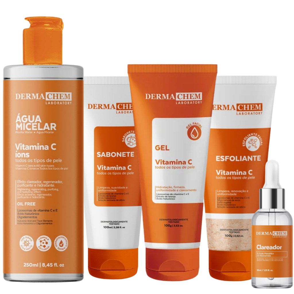 Kit Dermachem Vitamina C Gel Sabonete Esfoliante Facial 100ml Água Micelar 250ml Sérum 30ml