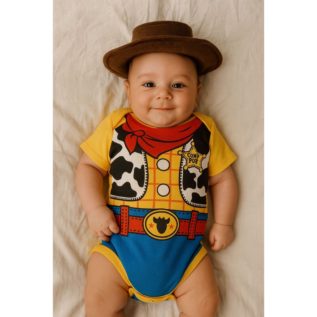 Body de Bebê Temático Menino Woody Toy Story ou Festa Junina + Chapéu