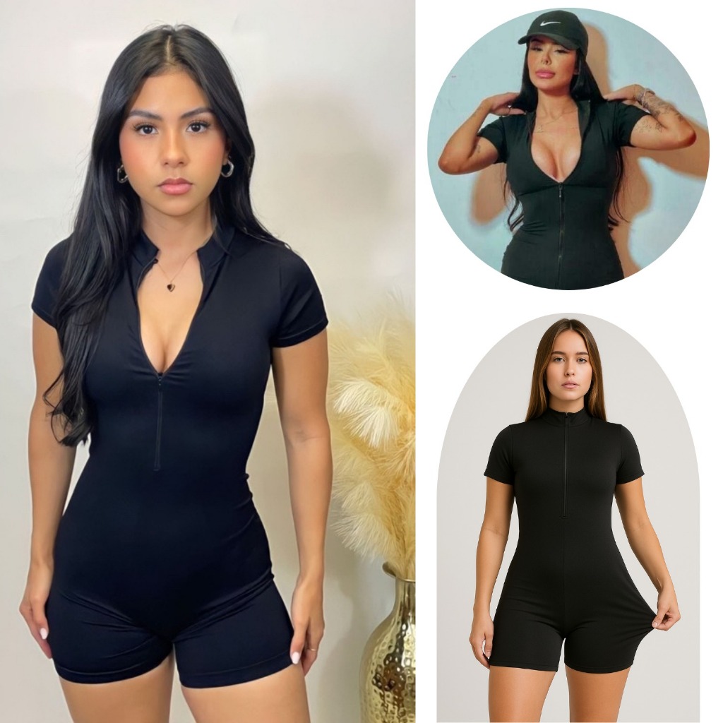 Macaquinho Feminino Moda Gringa Fitness Macacão Gringo Shorts Curto Manga Curta Ziper Blogueira em Oferta na Shopee