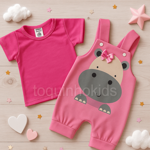 Kit macacão curto + camiseta para bebê menina temático hipopotamo fashion