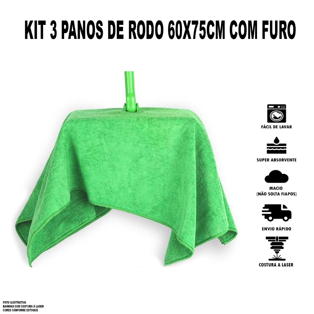 Kit 3 Panos de Chão Microfibra 70x60cm Furo para Rodo Dupla Camada