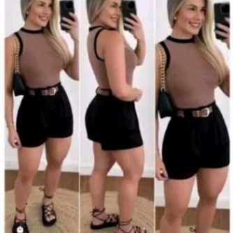 Conjunto Plus Size e Slin Shorts Zíper na Lateral Alfaiataria Acompanha Cinto + Croped Tecido Anarruga em Oferta na Shopee