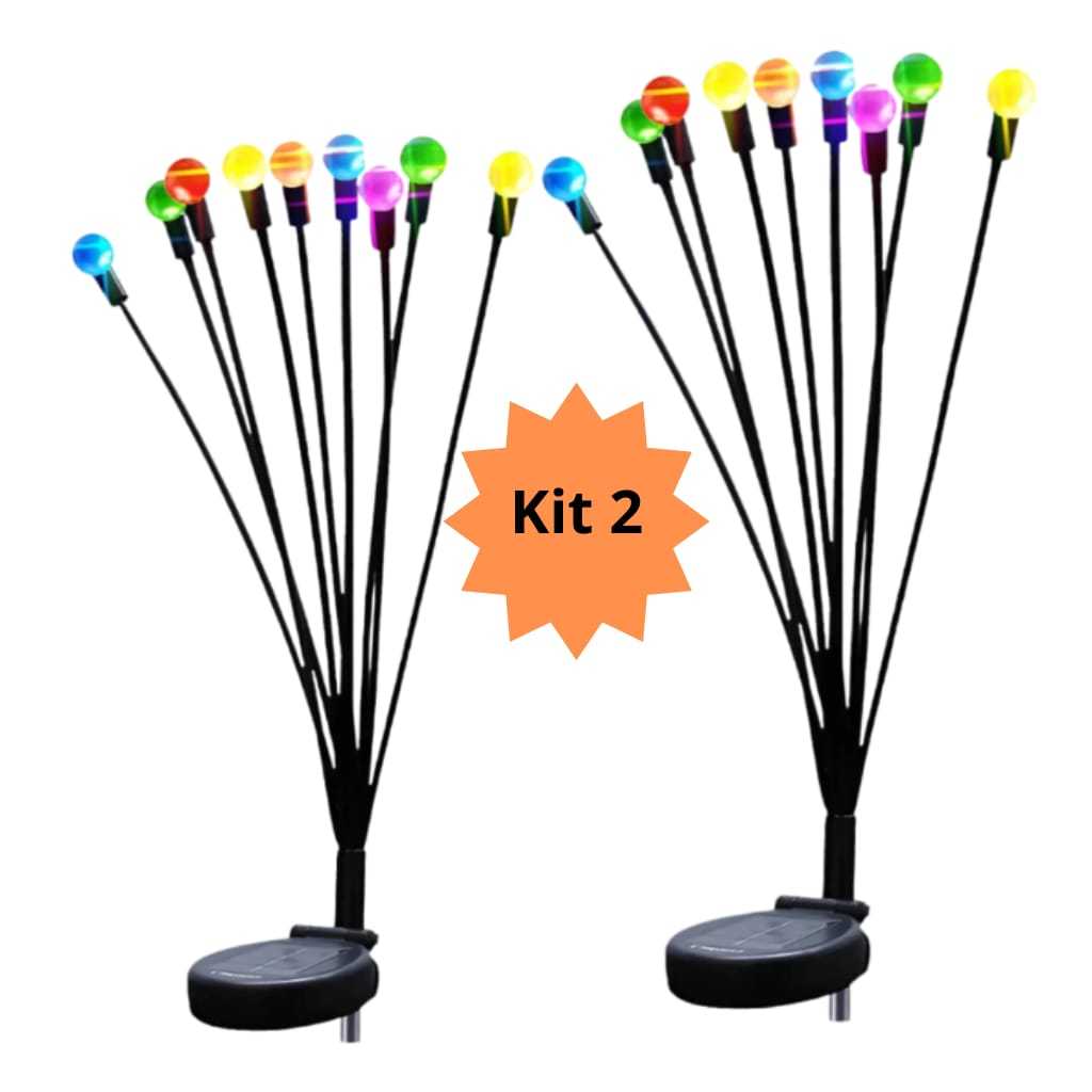 Kit 2 Luminária solar com efeito decorativo Jardim Luz Solar Vagalume 10 Leds Colorido com Sensor