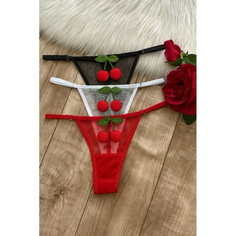 Kit 10 Calcinhas Cereja Tulê Lingerie Regulagem Feminina Fio Dental