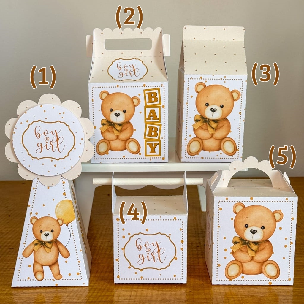 Kit Festa Chá Revelação Ursinho Neutro Branco e Dourado • Pegue & Monte • 10 a 30 Itens Personalizados (com ou sem laço)