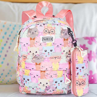 Kit Mochila e Estojo Infantil Feminina Estampa de Gatinho ou Ursinho Confortável e Resistente em Oferta na Shopee