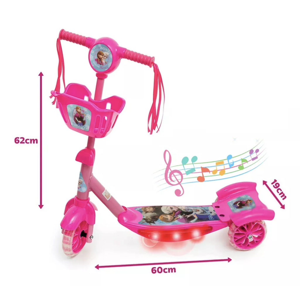 Patinete Infantil 3 Rodas Com Led Som e Cesta Menina Princesa