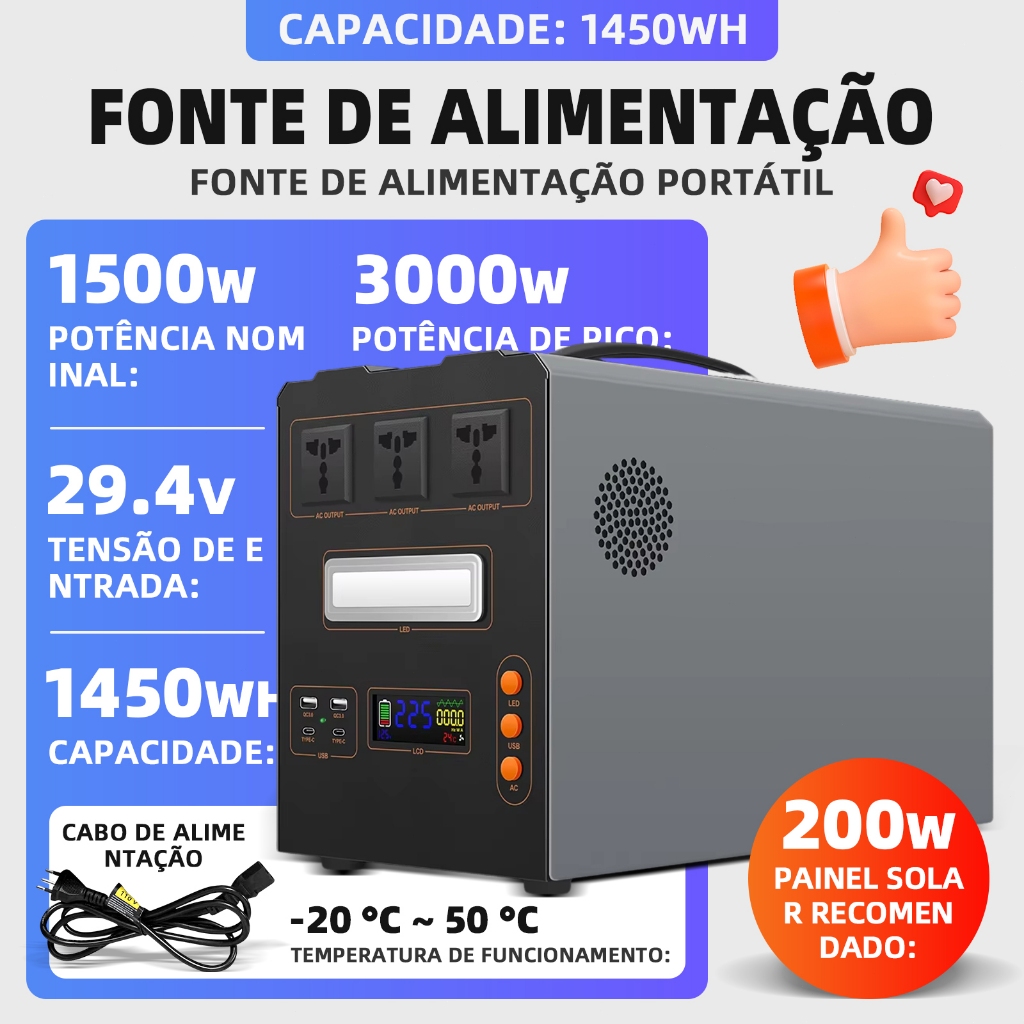 Estação de Energia Portátil 1500W - Saída Dual 110V USB-C Rápido e LED, 600W-1500W em Oferta na Shopee