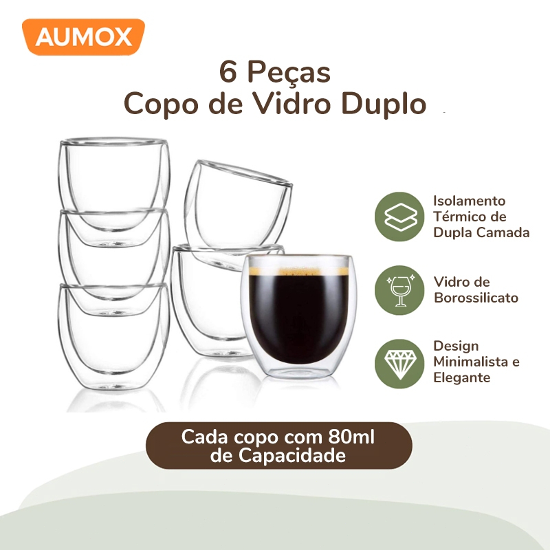 Jogo 6 Xícaras Café Expresso Parede Dupla 80ml - Copos de Vidro Borossilicato Térmico