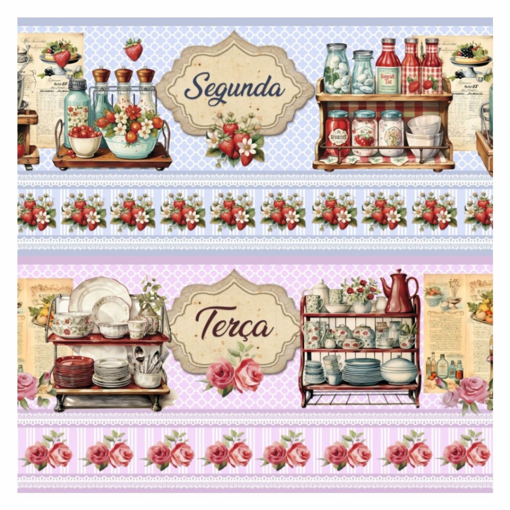 Tricoline Digital Algodão 100% Barrado Semaninha Retrô 52x150cm Pano de Prato Maria Flor Tecidos