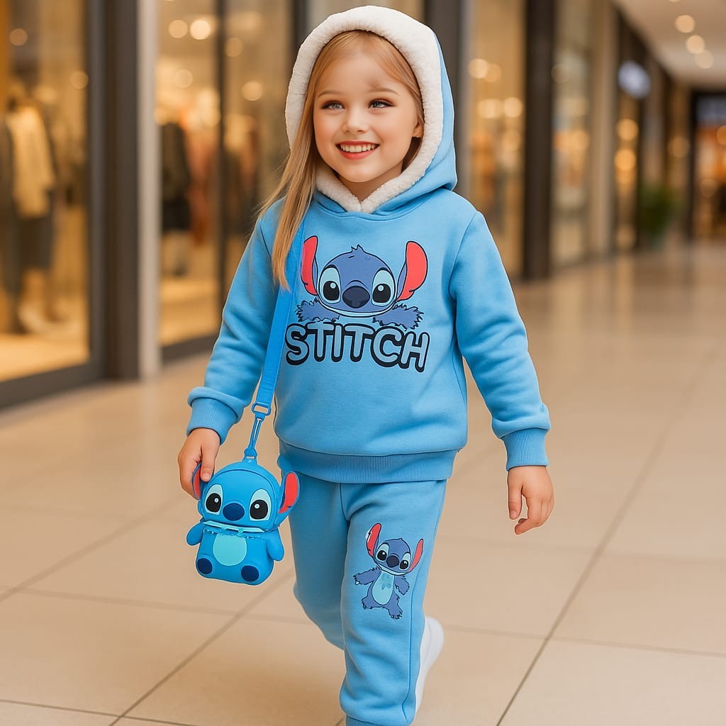 Conjunto Stitch Blusa Touca Pelucia Calça Moletom Menina