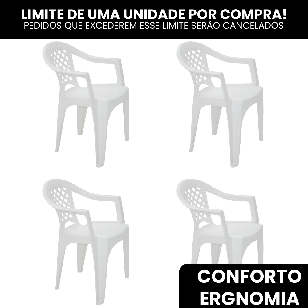 Kit 4 Cadeiras Tramontina Iguape Branca Com Braços Restaurante Igreja Lanchonete Bar Jardim Piscina
