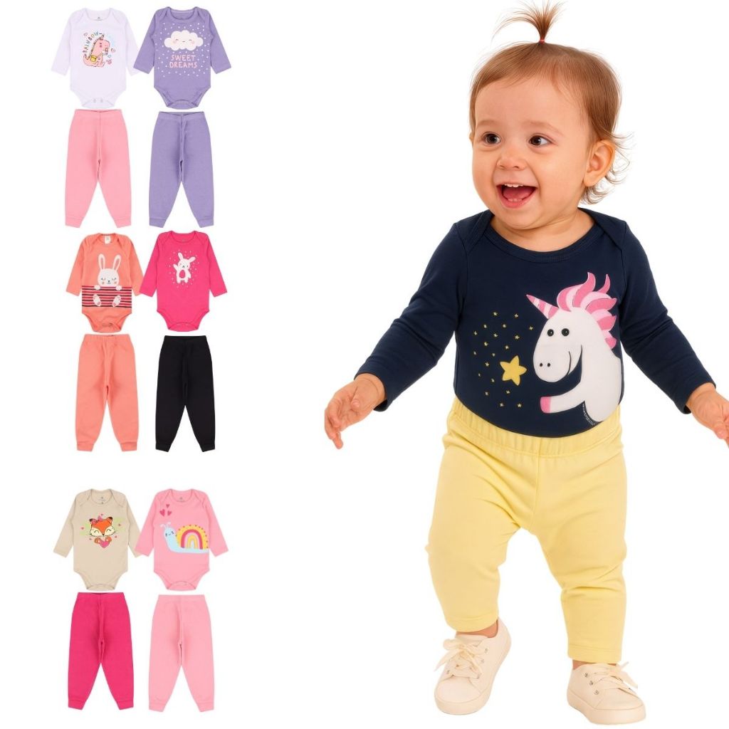 Kit 2, 6 ou 10 Peças de Roupas para Bebê Menina (Body Longo + Calça Mijão)  Conjunto Body + Calça Roupa Infantil em Oferta na Shopee