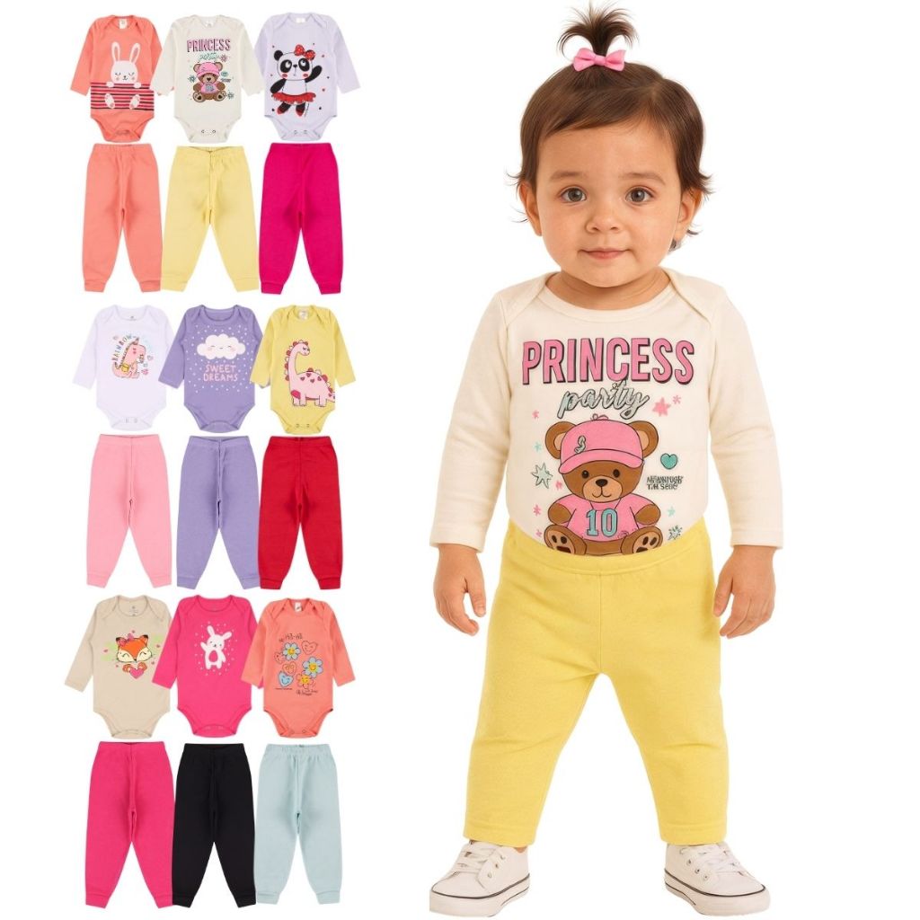Kit 4, 8 ou 16 Peças de Roupas para Bebê Menina (Body Longo + Calça Mijão)  Conjunto Body + Calça Roupa de Bebê Feminina