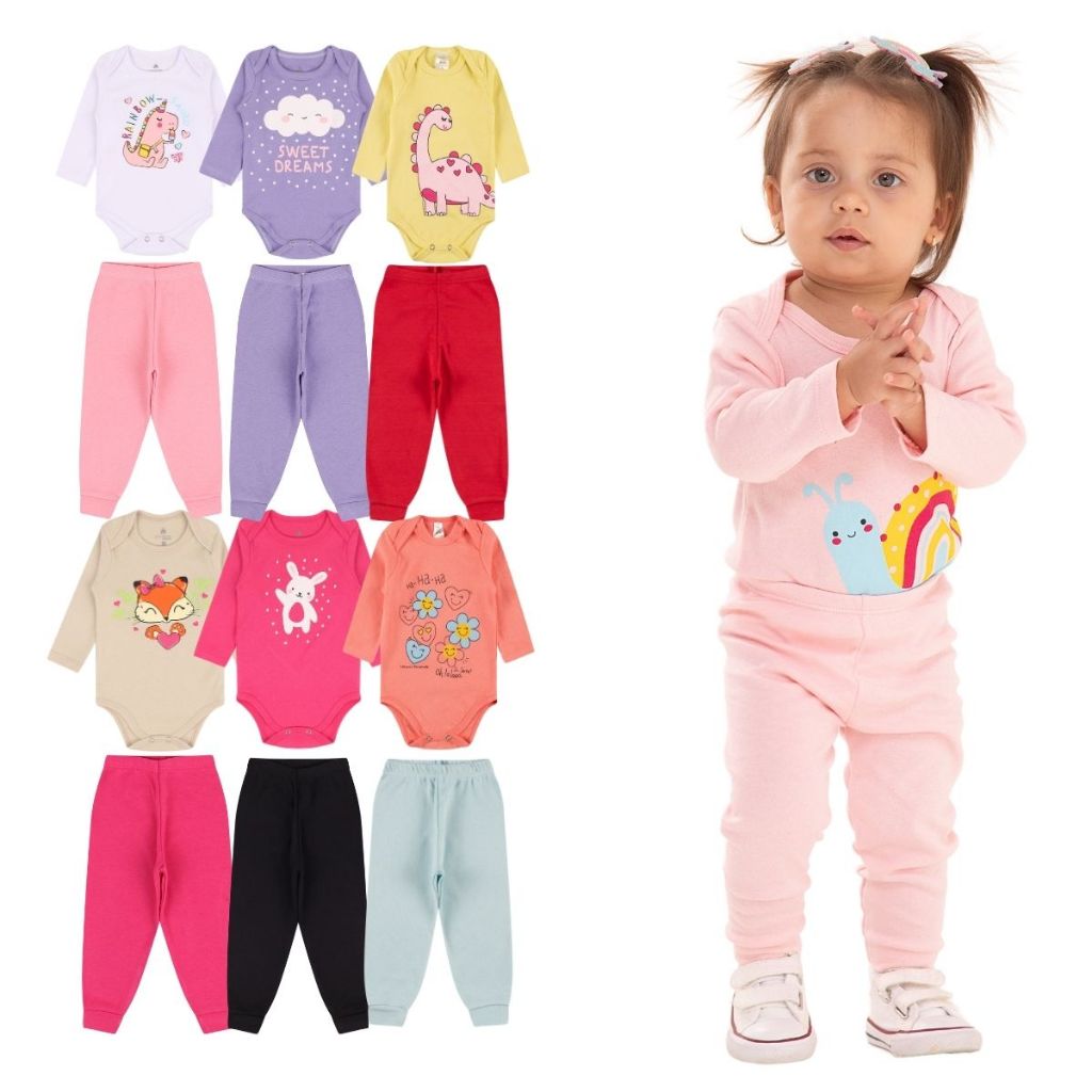 Kit 2, 6 ou 10 Peças de Roupas para Bebê Menina (Body Longo + Calça Mijão) Conjunto Body + Calça Roupa Infantil