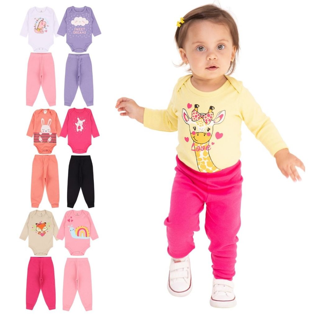 Kit 4, 8 ou 16 Peças de Roupas para Bebê Menina (Body Longo+ Calça Mijão) Conjunto Body + Calça Roupa Infantil em Oferta na Shopee