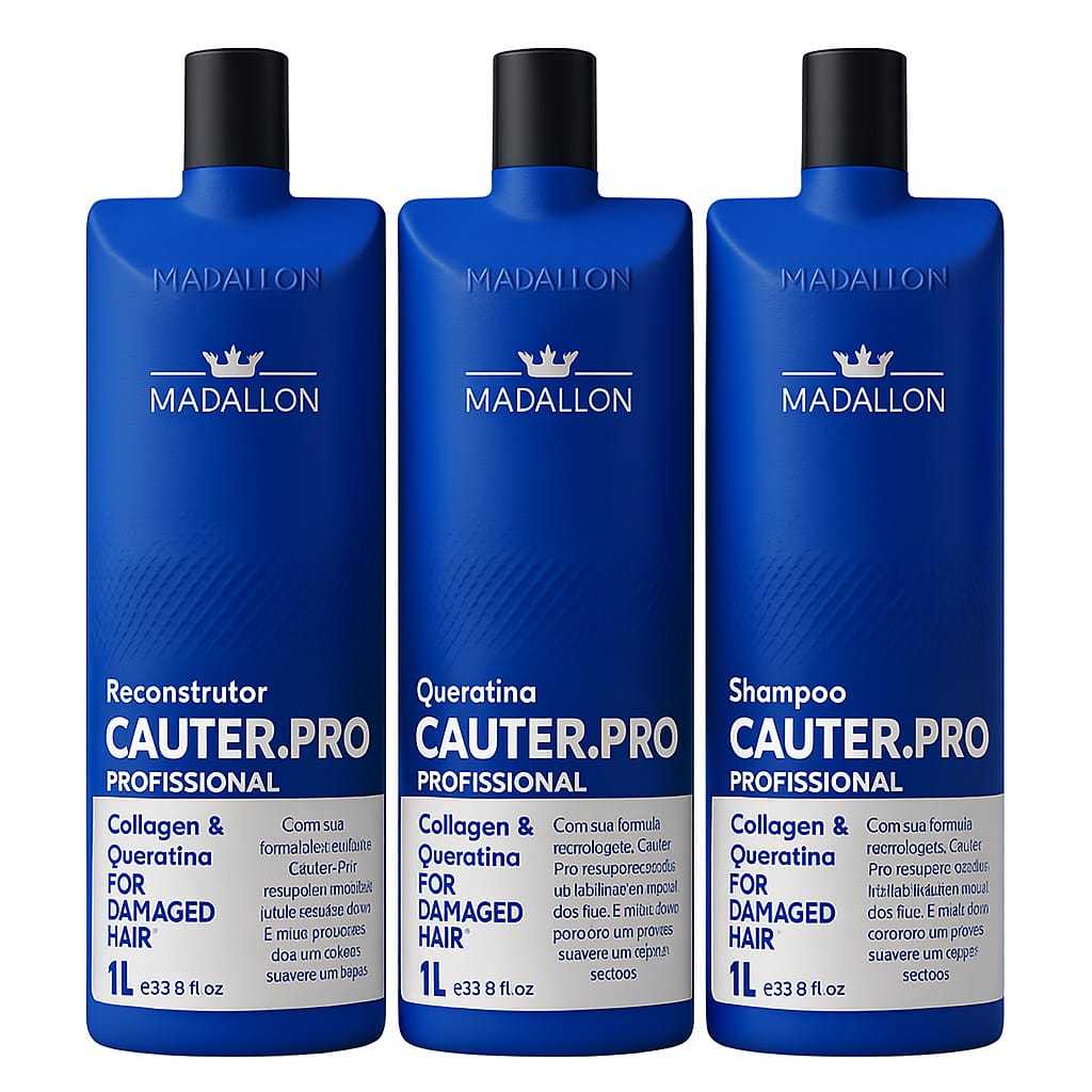 Kit Cauterização Capilar 1L (3 Passos) Shampoo + Reconstrutor + Queratina Madallon