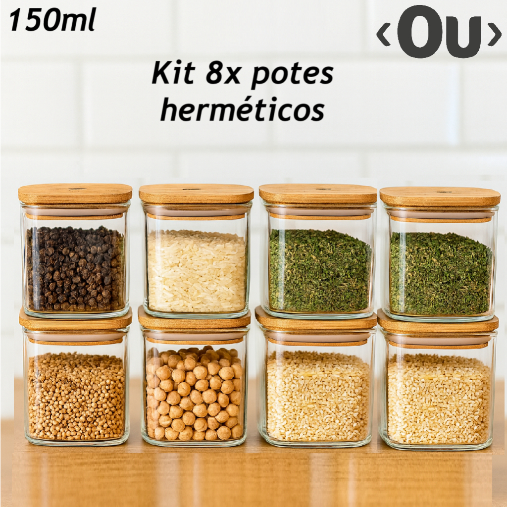 kit 8 potes Bambu hérmeticos keep 150ml OU cozinha Tempero organizador Grão em Oferta na Shopee