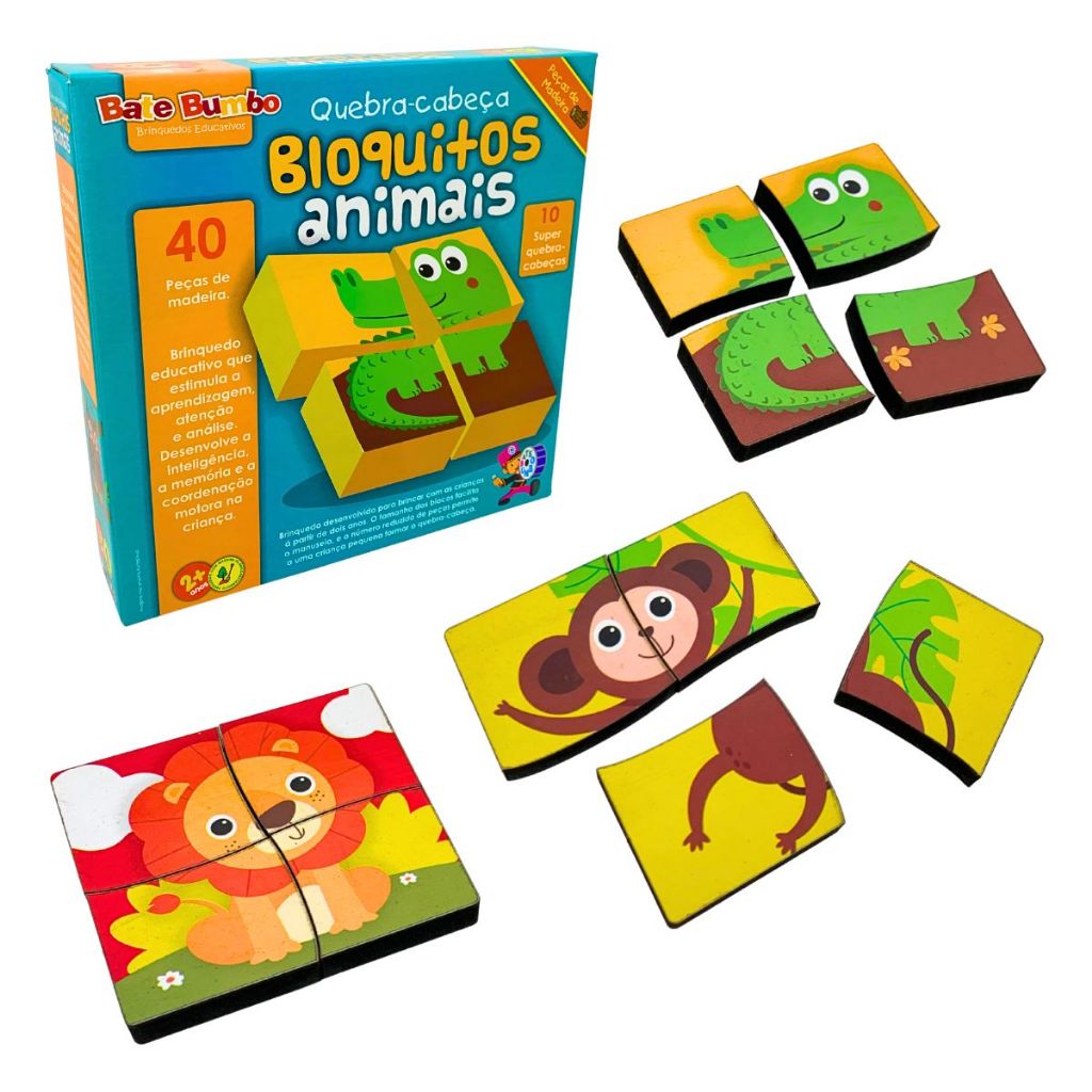 Bloquitos Animais Quebra-cabeça Infantil Brinquedo Educativo Blocos de Montar Madeira - Bate Bumbo