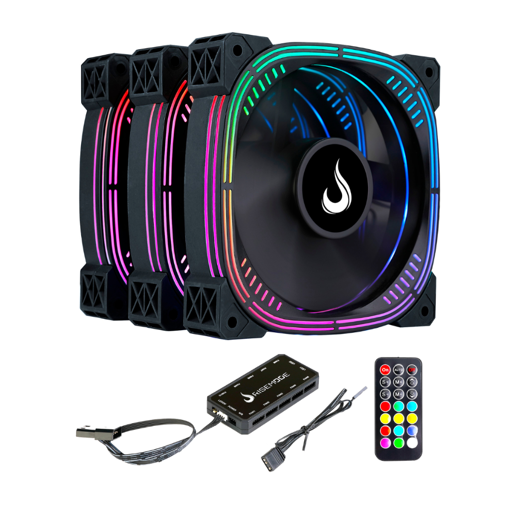 Kit 3 Cooler Fan Gamer | Rise Mode | Aura Pro Black Argb 5v | 120mm | 6p Controladora