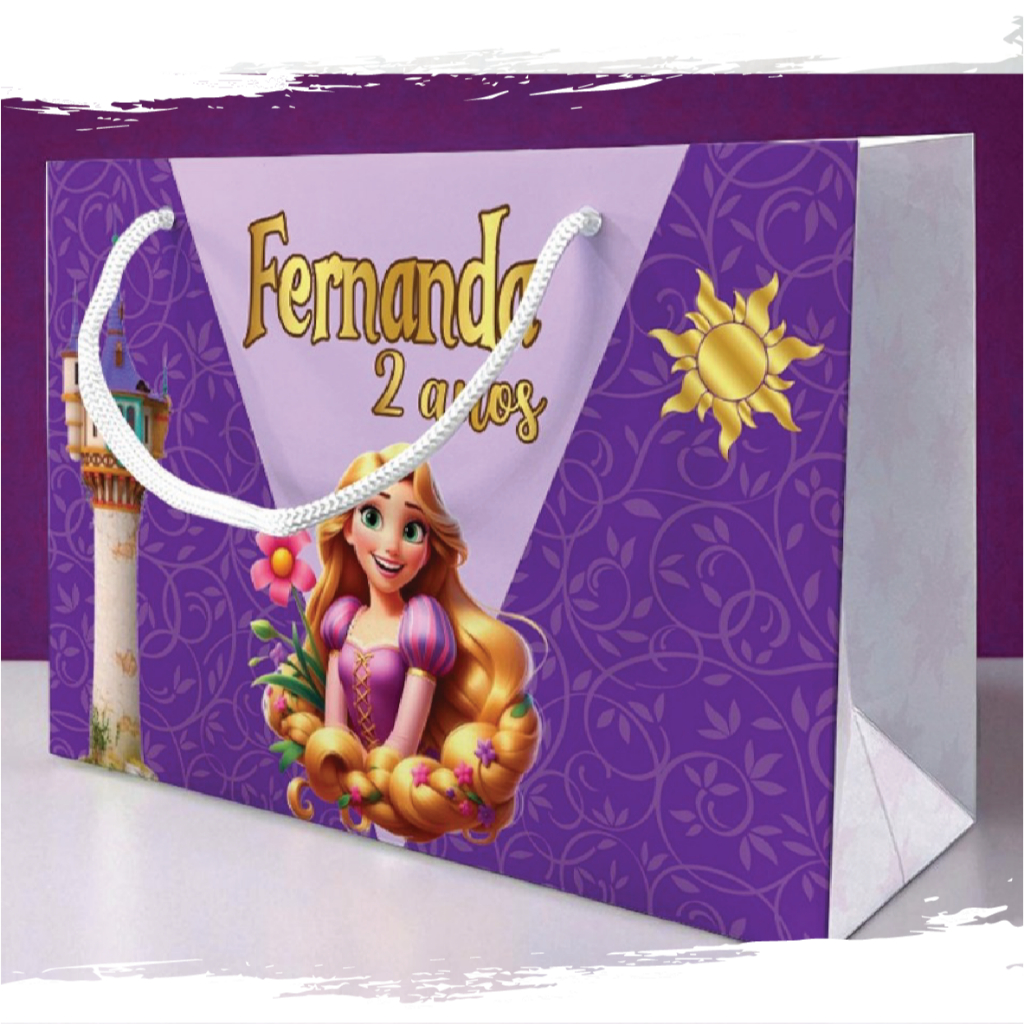 Sacolinha de Festa Rapunzel Enrolados Roxo Lembrancinha Personalizada Kit Festa Sacola Deitada Reta Princesa