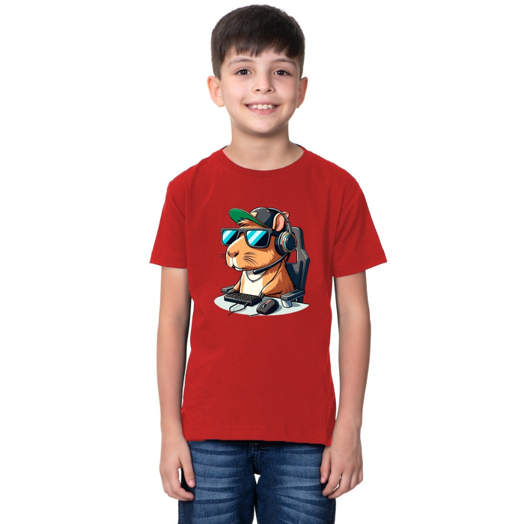 Camiseta De Algodão Infantil Estampada Masculina Capivara Gamer