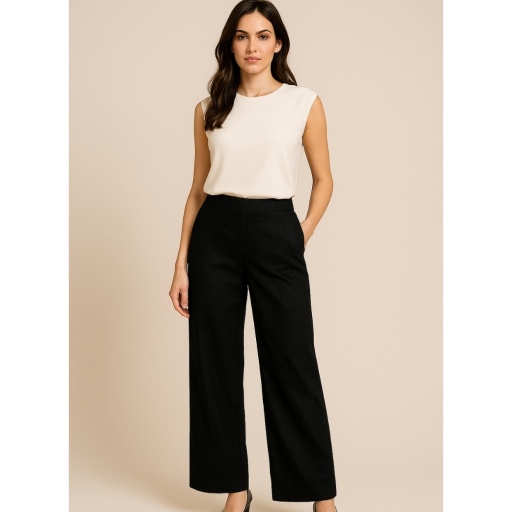 Calça Linho pantalona feminina com bolsos elegante cintura alta P M G