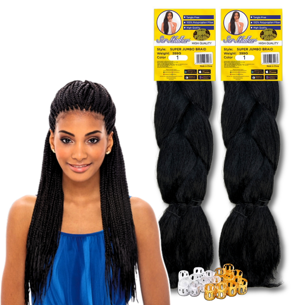 Kit 2 Aplique Cabelo Jumbo Ser Mulher Jumbão Box Braids + Anéis