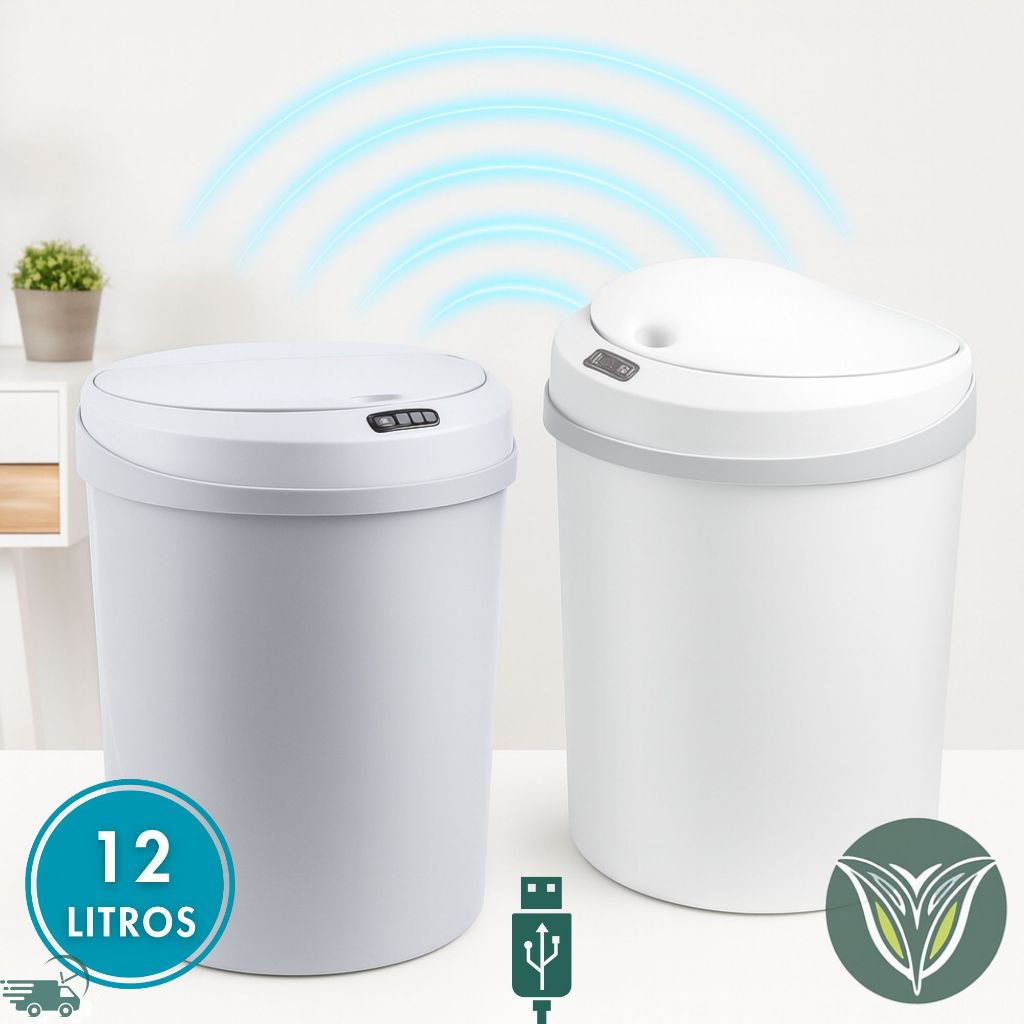 Lixeira Inteligente Automatica Smart Redonda 12 Litros Cinza/Branca Sensor Recarregavel USB Sensor Sem Toque Automático