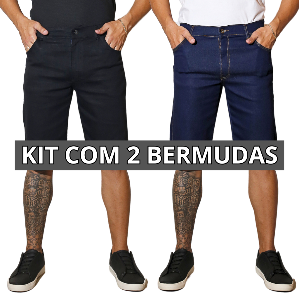 Kit com 2 Bermudas Jeans Masculina Azul e Preta Tradicional Com Elastano Short Promocional Direto da Fábrica