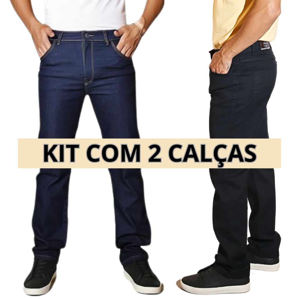 Kit com 2 Calças Jeans Masculina Azul e Preta Ideal Trabalho Pesado Reforçada Elastano Lycra
