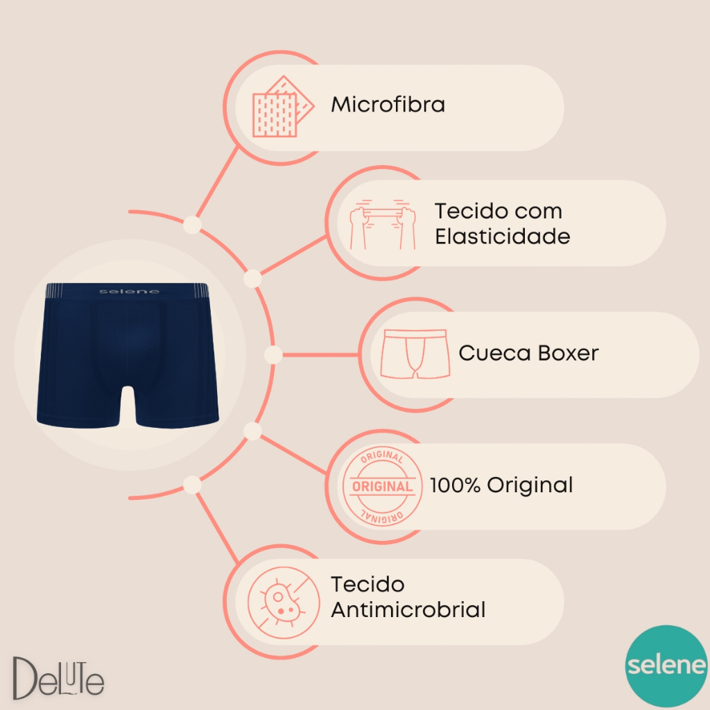 Detalhes do Kit com 4 Cuecas Boxer Selene Masculina Sem Costura Confortável