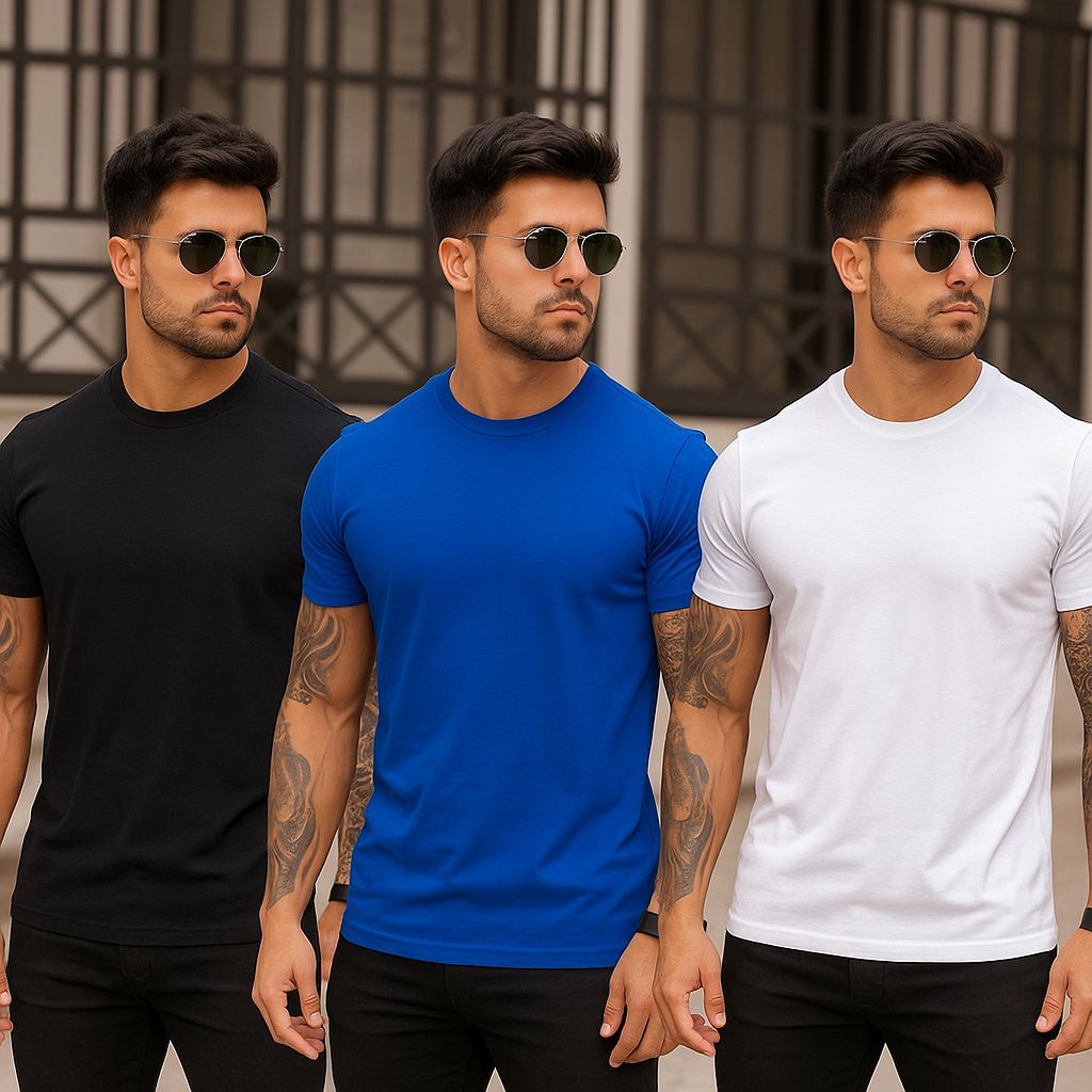 Kit 3 Camiseta Básica Plus Size P ao G3 Masculina 100% Algodão Casual Lisa