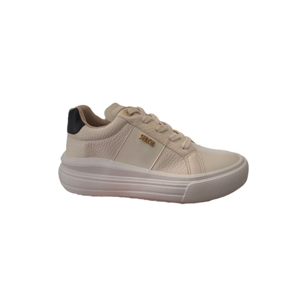 Tenis Feminino Sua Cia, Tenis Branco, Detalhe Dourado e Preto, Comfort, Sola Alta, 8276.15064