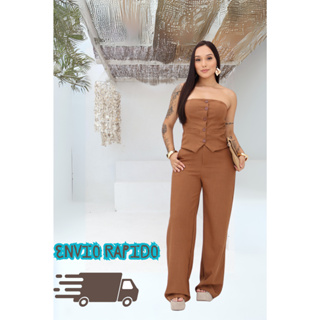 Conjunto Social Feminino com Tomara Que Caia e Calça Pantalona Cintura Alta em Oferta na Shopee