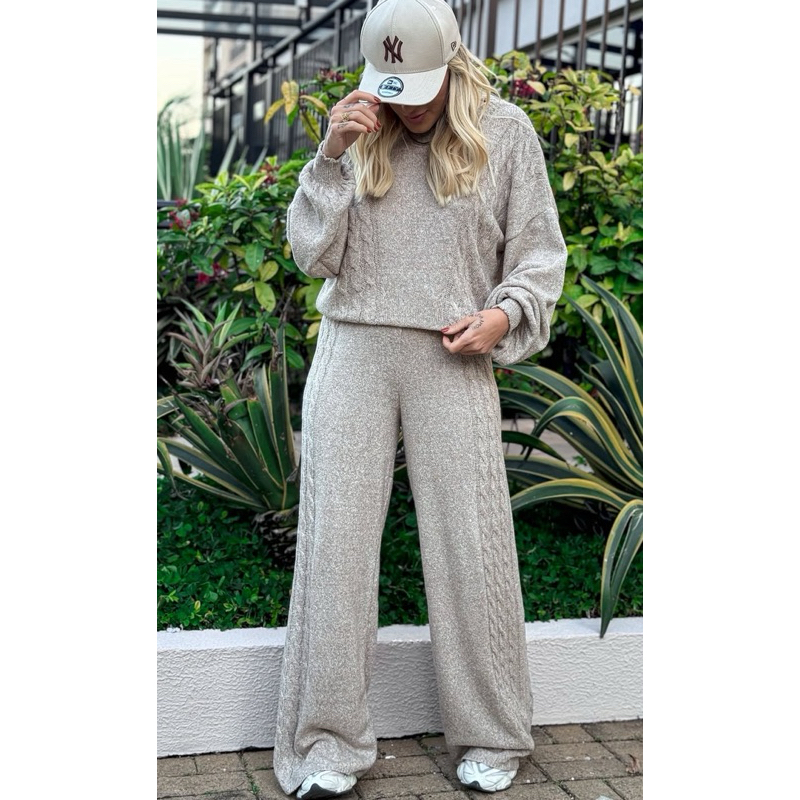 Conjunto fio mousse calça pantalona trança tricô inverno premium aero look