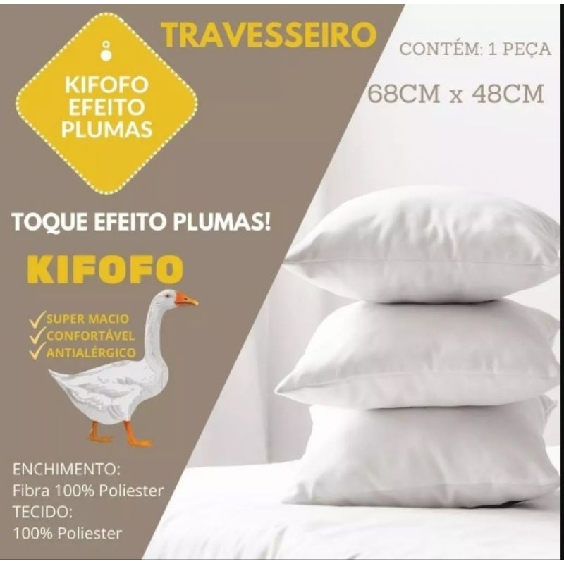 Kit 2 Travesseiros Kifofo 68x48cm Toque Pluma Super Macio Antialérgico Confortável