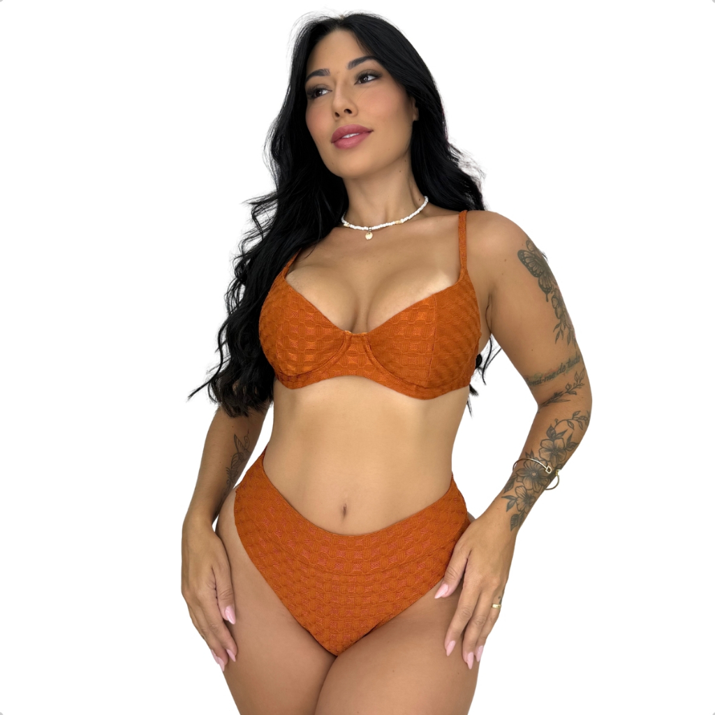 Conjunto Biquini Feminino Texturizado Proteção UV50+ Calcinha Hot Pant Cintura Alta Praia Piscina