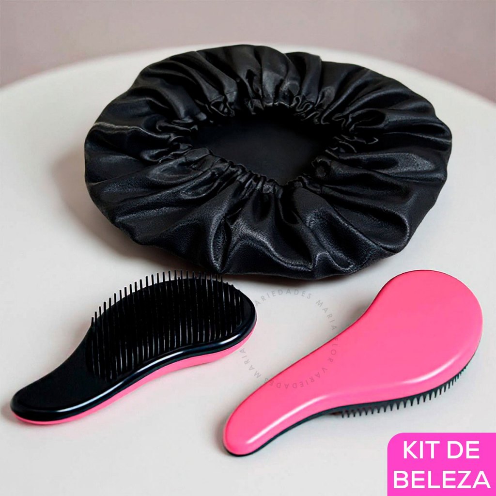 Kit 1 Escova Mágica com Cabo Desembaraçadora + Touca de Cetim Anti Frizz  Cuidados com o Cabelo