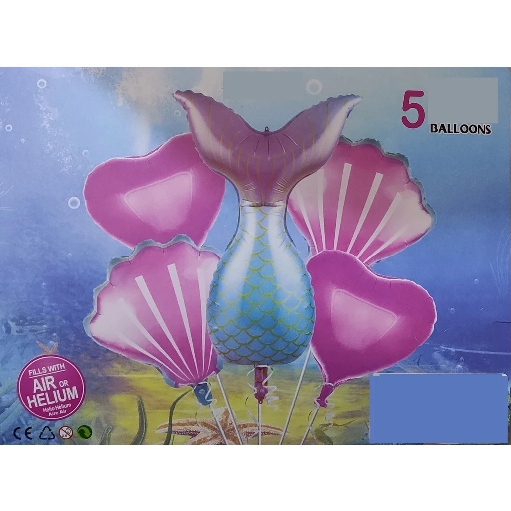 Balão Calda Sereia + Balão Concha + Balão Coração - Kit C/5