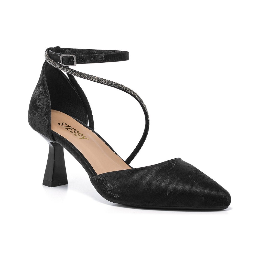 Scarpin Feminino Sandália Salto Taça Médio Tira Strass Aveludado Elegante Confor