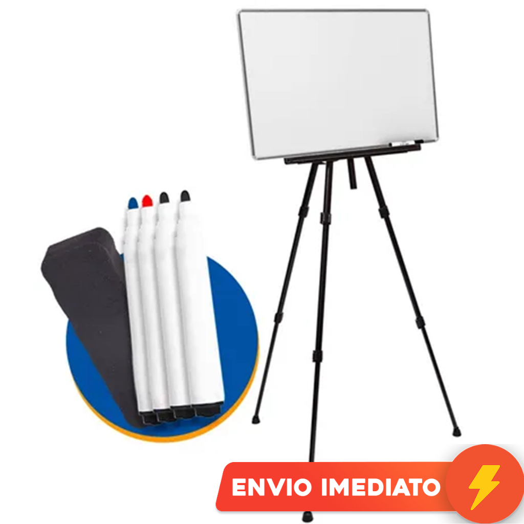 Lousa Quadro Branco 100x70cm Caneta Apagador + Tripé Cavalete Profissional Ajustável + 4 Marcadores + 1 Apagador