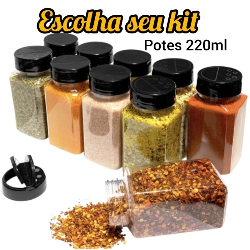 Potes Tempero Condimento 220ml Tampa Dupla Reforçada -Organização pra sua cozinha