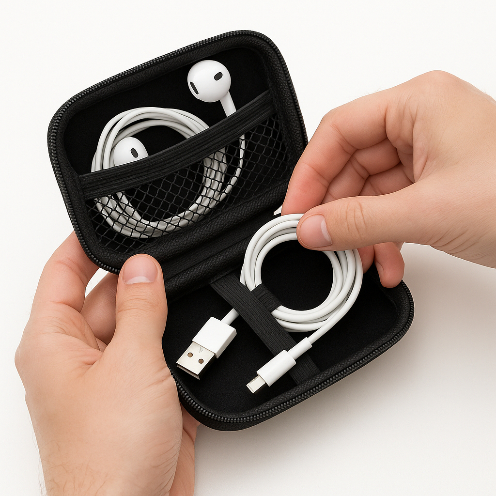 Estojo Case Preto com Zíper e Rede Interna para Acessórios, Fones, Cabos ou Pendrive