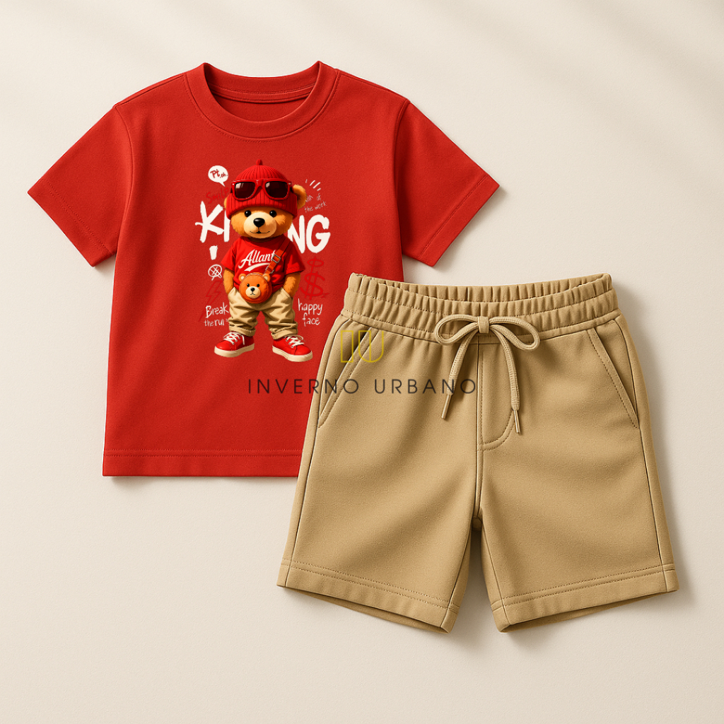 Camiseta + Short Bege Conjunto Infantil "Urso Street Red" Moda Teen Kids Bolso Lateral