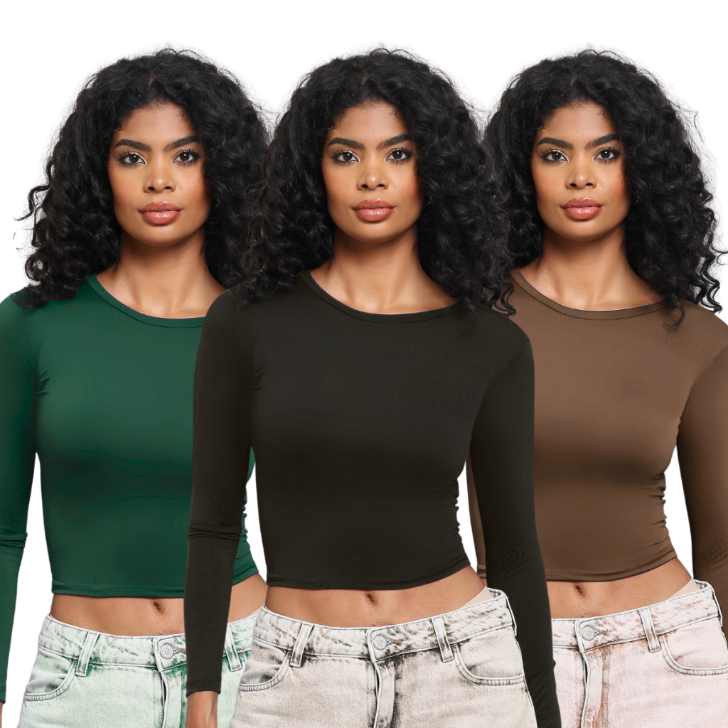 KIT 3: Blusa Feminina de Manga Longa - Meia Estação de Compressão Colada