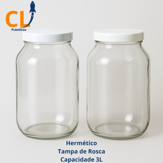 kit 2 potes 3 litro vidro com tampa branca de plástico conserva  e mantimentos e grãos etc em Oferta na Shopee