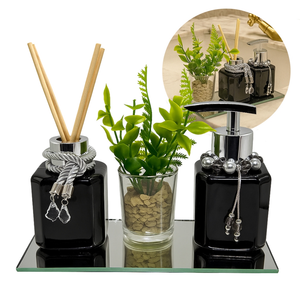 Kit Lavabo Cubo Plástico Preto Saboneteira e Aromatizador com Vaso em Oferta na Shopee