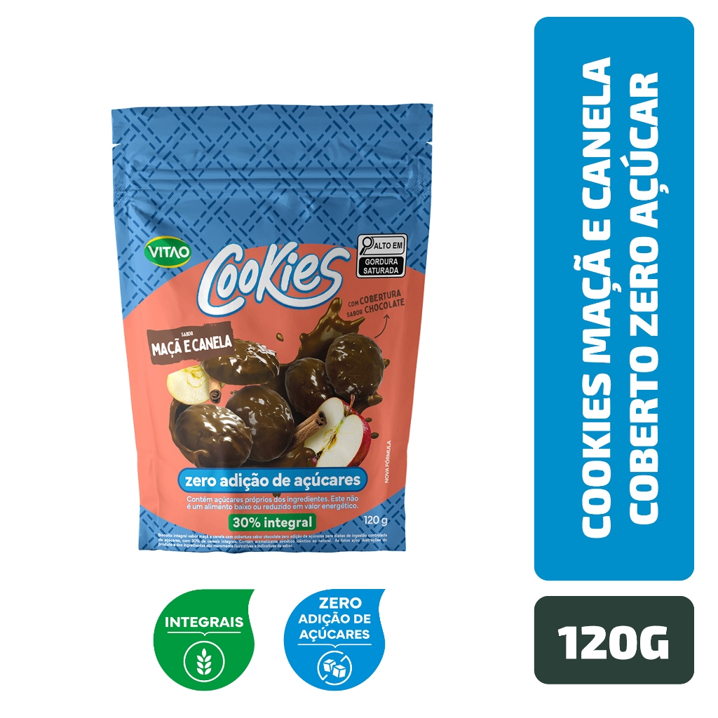 Cookies Maçã e Canela Coberto Zero Açúcar Vitao 120 g em Oferta na Shopee